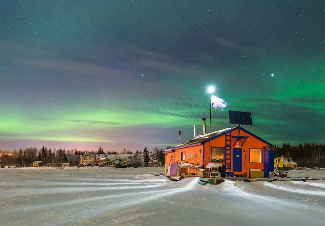 Aurora village yellowknife northwest territories canada aurora borealis northern lights house boat